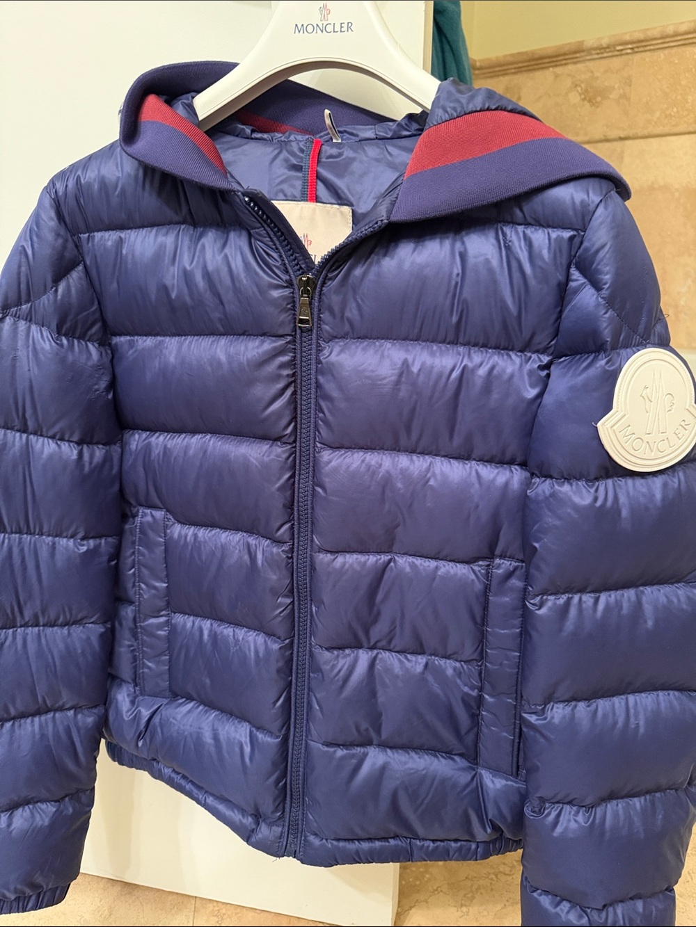 Moncler Kids Navy Blue Puff Jacket with Red Trim